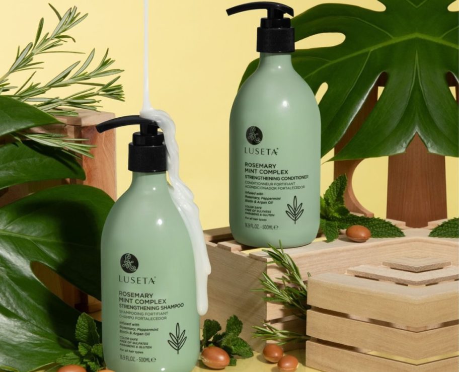 Luseta Rosemary Mint Complex shampoo and conditioner bottles sitting on wooden crates with plants 
