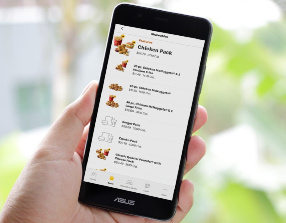 The McDonald's app showing the shareables menu and mcdonalds meal bundles