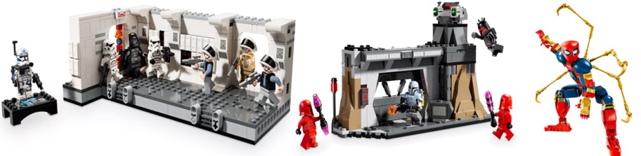 star wars and spider man legos sets in a row