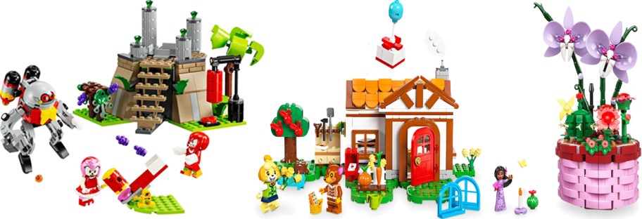 sonic, animal crossing, and disney lego sets in a row