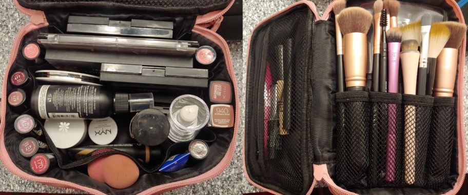 large amazon cosmetics bag full of makeup and brushes