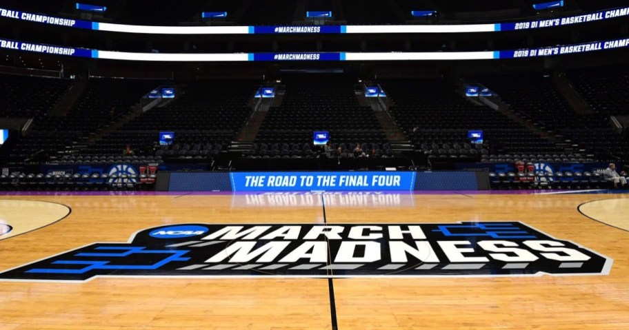basketball court with march madness logo