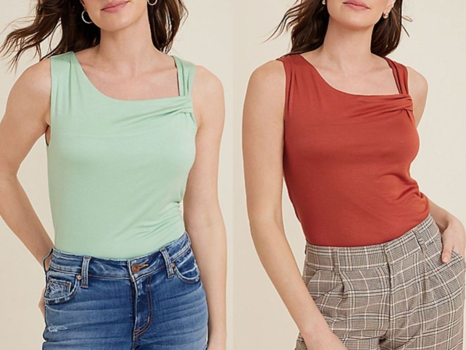 Stock image of 2 women wearing an asymetical knot tank from maurices