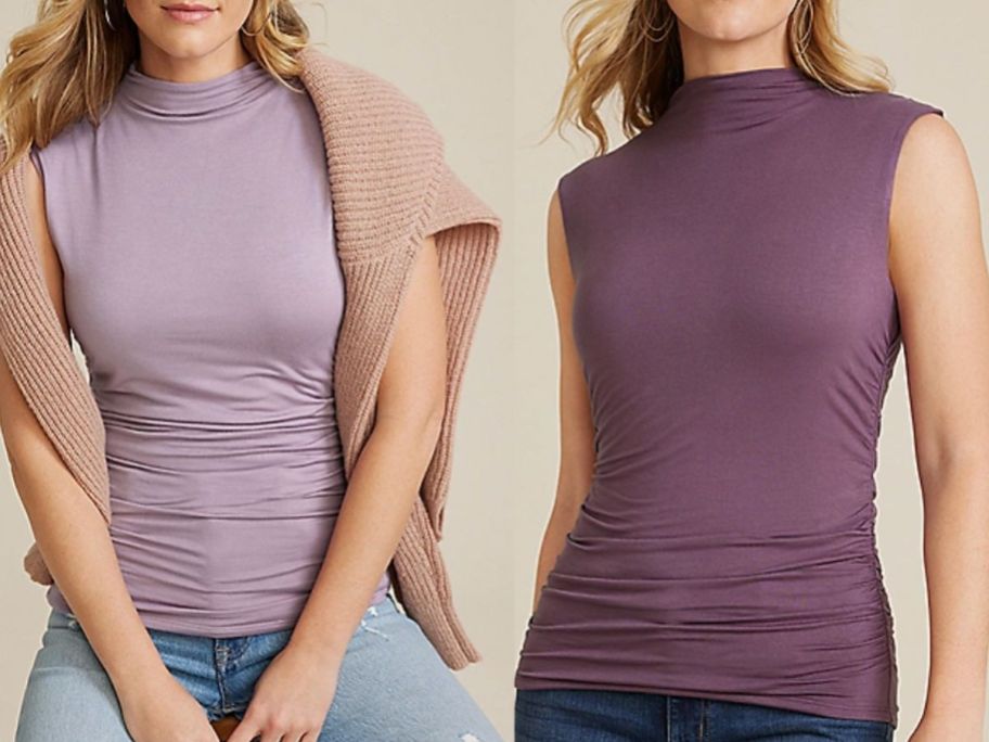 Stock images of 2 women wearing a shirrd tank from maurices