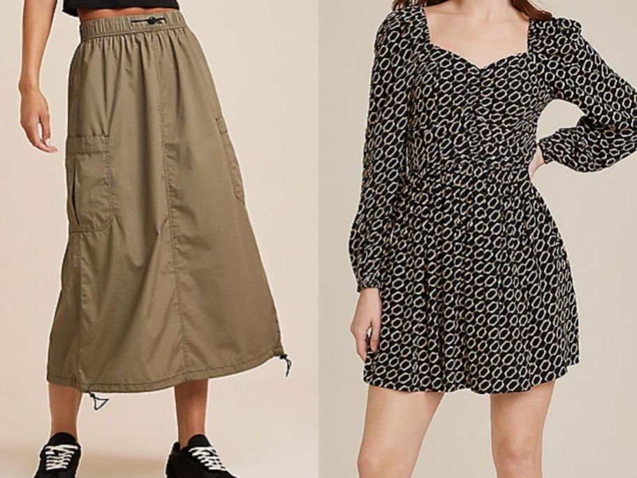 Stock images of a woman wearing a long cargo skirt and a woman wearing geo print dress from maurices