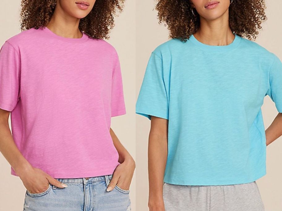 Stock images of two women wearing a boxy tee from Maurices