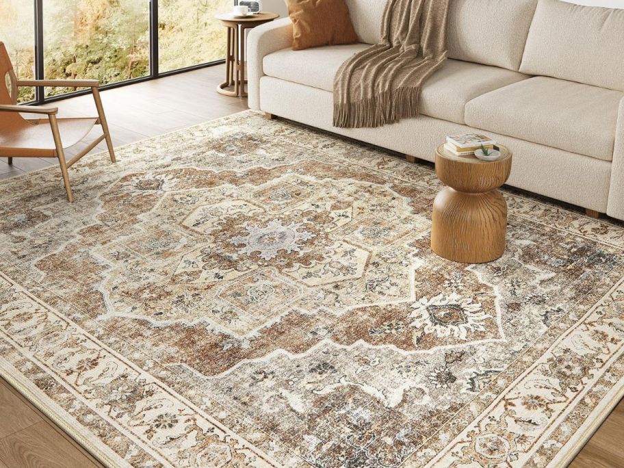 A living room with a Micgeek Washable Vintage Distressed Floral Boho Indoor Rug