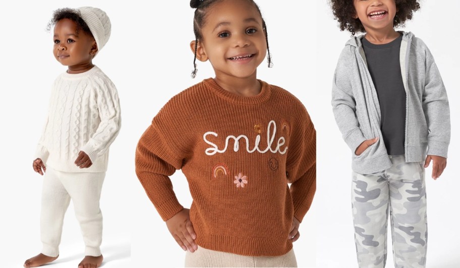 toddlers wearing gerber baby modern moments sweater outfit, smile sweater, and hooded sweatshirt