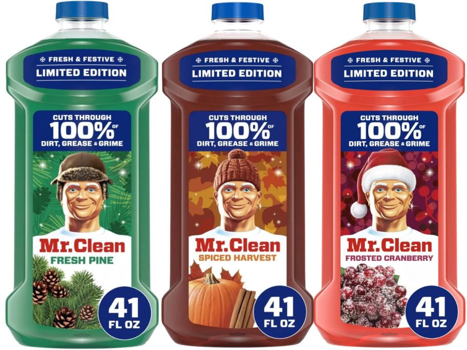 3 bottles of Mr. Clean all-purpose cleaner in green, brown, and pink