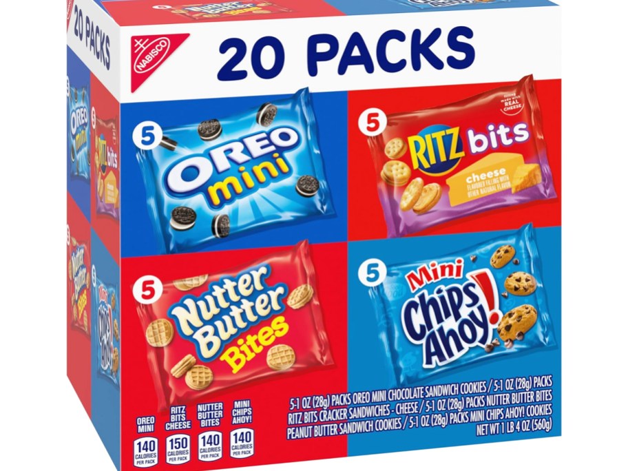 variety pack box of OREO Mini, CHIPS AHOY Mini, Nutter Butter Bites, and RITZ Bits Cheese