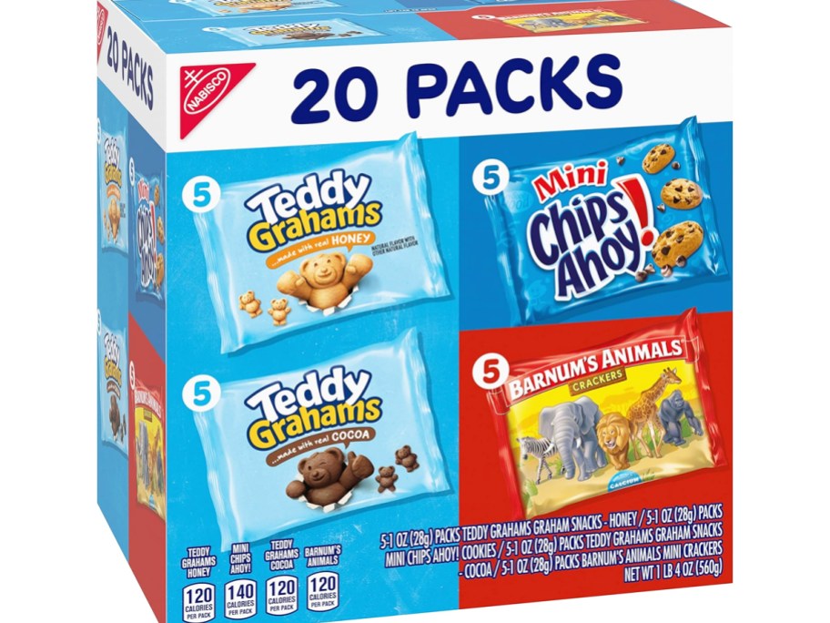variety pack box of Barnum's Animal Crackers, CHIPS AHOY! cookies and Teddy Grahams