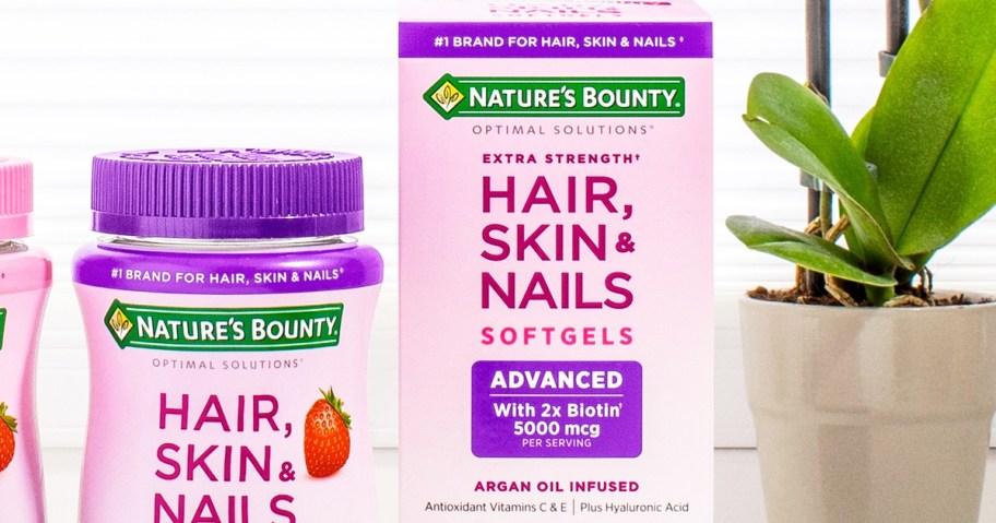 box and bottles of Nature's Bounty Advanced Hair, Skin & Nails supplements