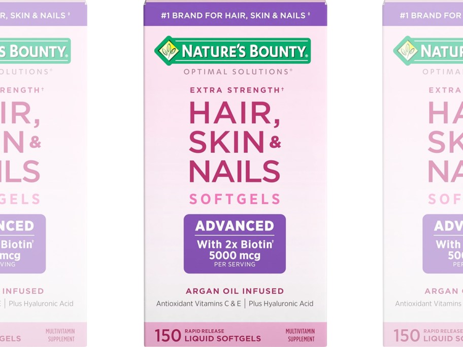 pink and purple box of Nature's Bounty Advanced Hair, Skin & Nails supplement