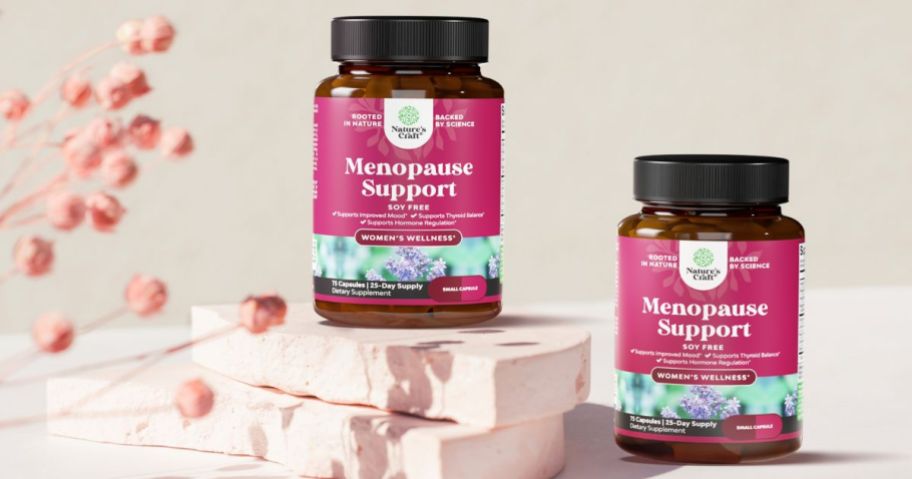 3 bottles of Nature's Craft Soy Free Menopause Support with flowers