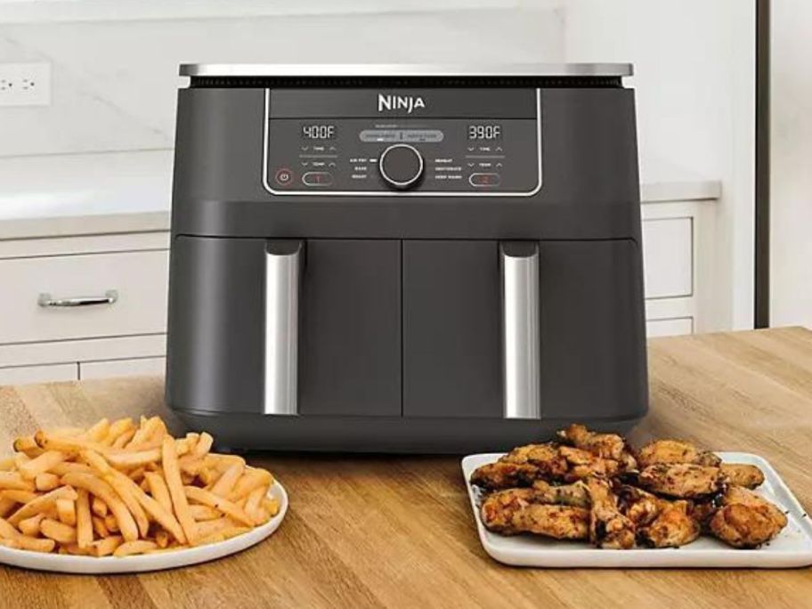 Ninja Foodi Dual Air Fryer next to a plate of fries and chicken wings