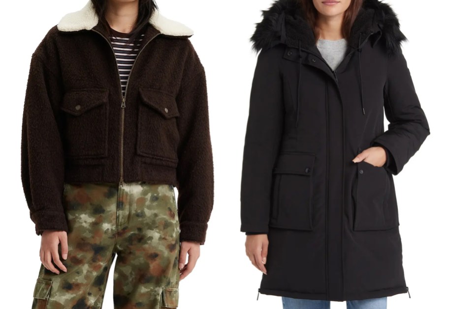 woman in brown bomber jacket and woman in black parka