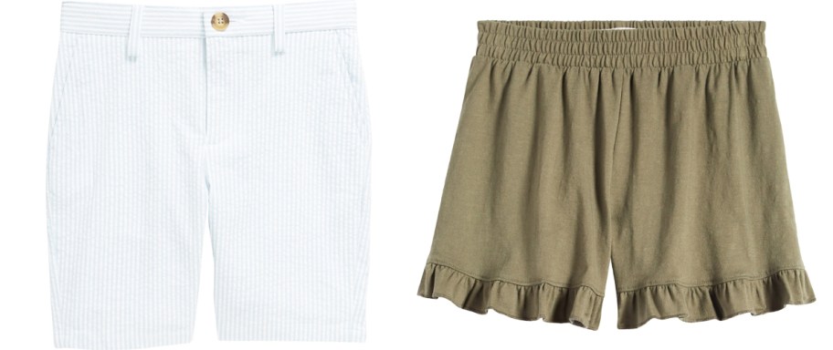 light blue and olive green pairs of shorts