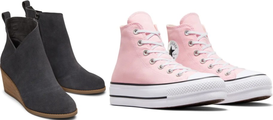pair of grey boots and pair of light pink converser high top sneakers