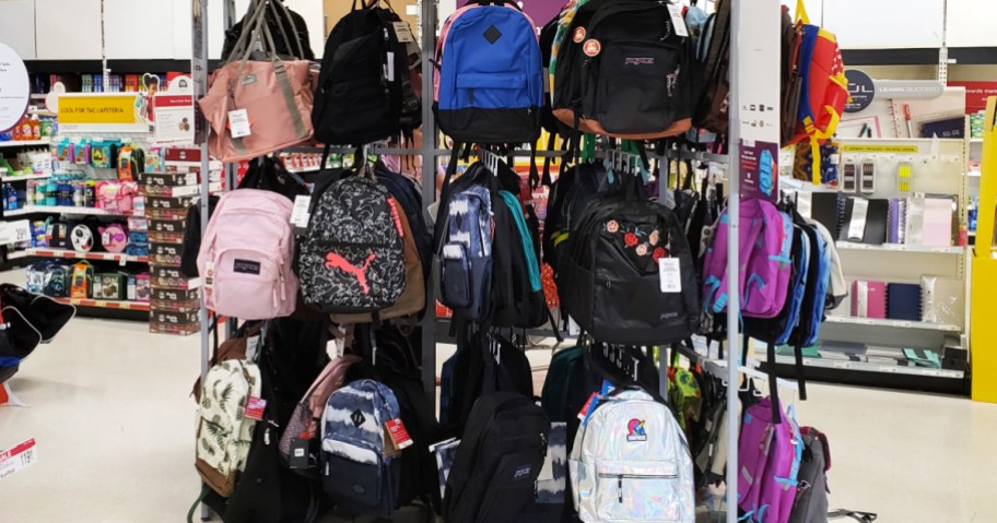 backpacks on display in office depot store