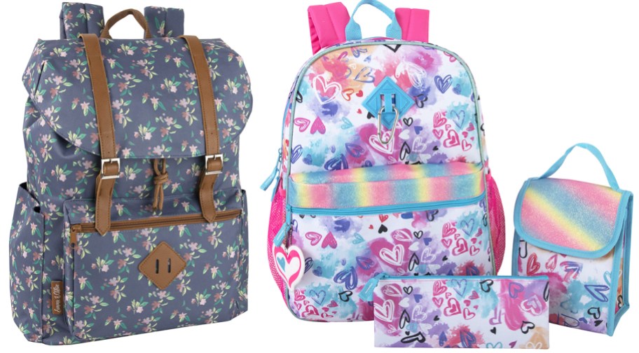 floral print backpack and heart print backpack with matching lunch box