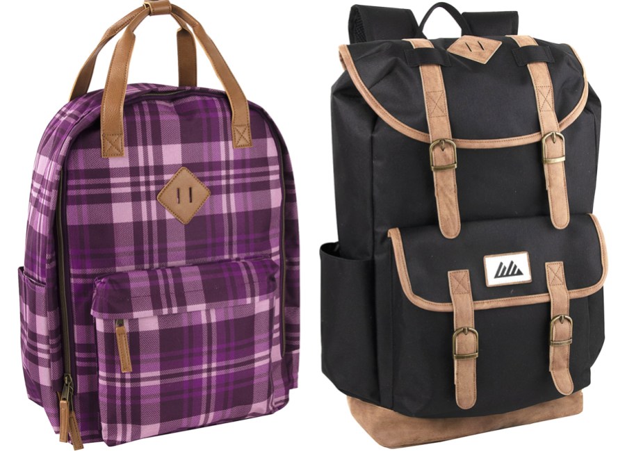 purple plaid print backpack and black backpack with flap top and buckles