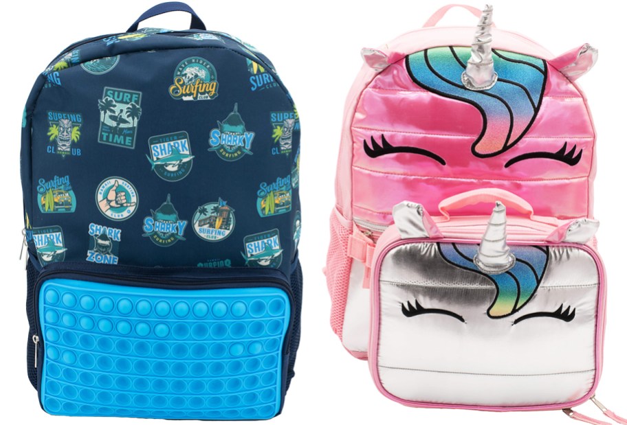 blue shark print backpack and pink unicorn backpack with matching lunch box