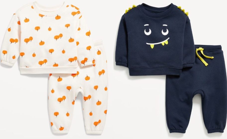 Stock images of pumpkin and monster sweatshirt and pants sets for babies from Old Navy