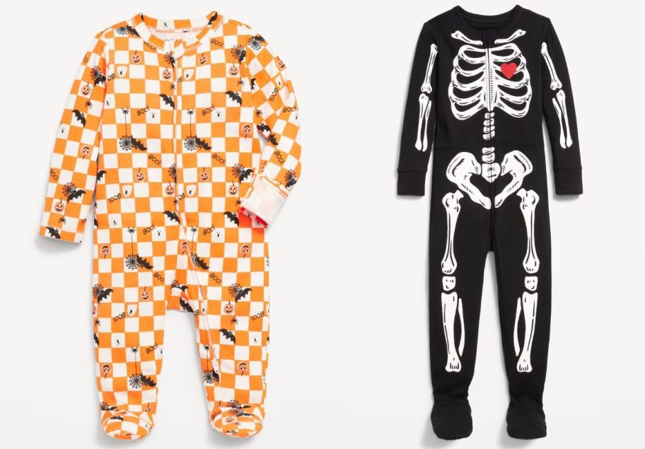 Stock images of one-piece footed halloween pajamas for babies and toddlers from Old Navy