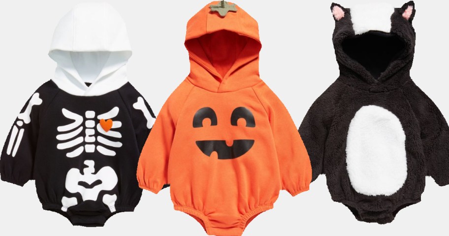 Stock images of skeleton, pumpkin and skunk old navy rompers