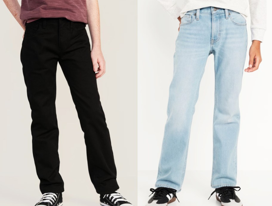 two boys in black pants and light wash jeans