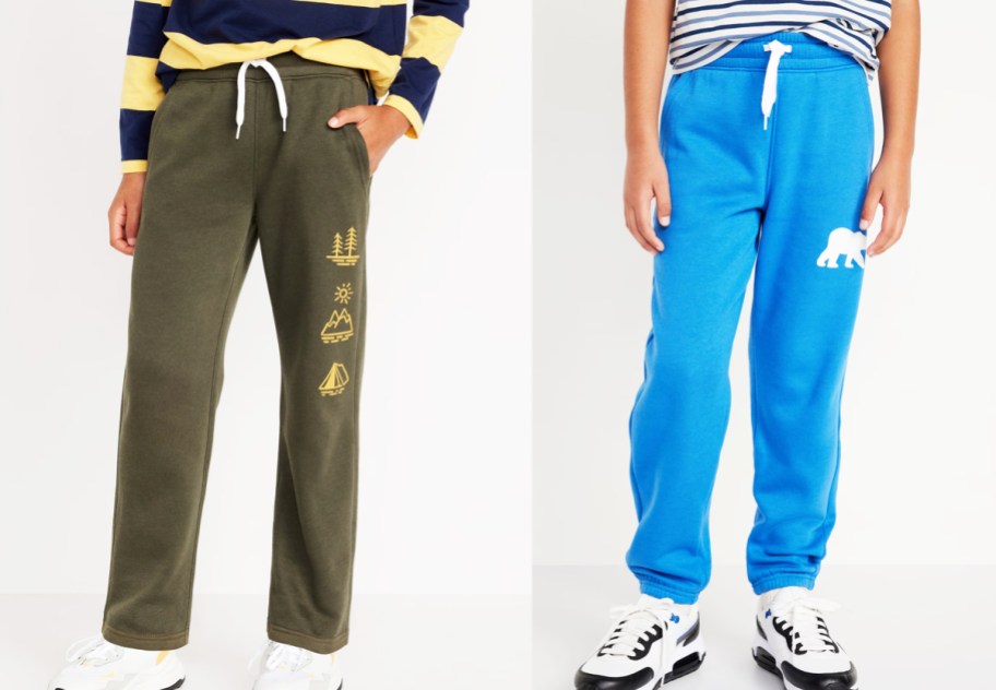 two boys in olive green and bright blue sweatpants