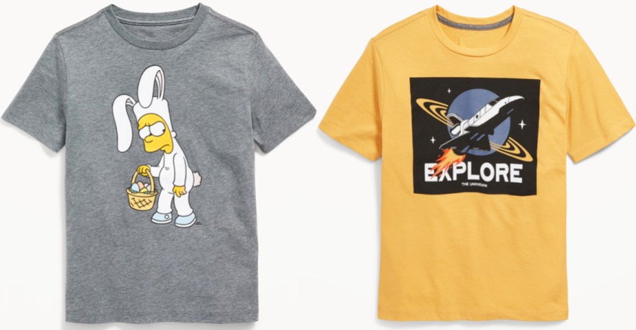 grey and yellow graphic tees