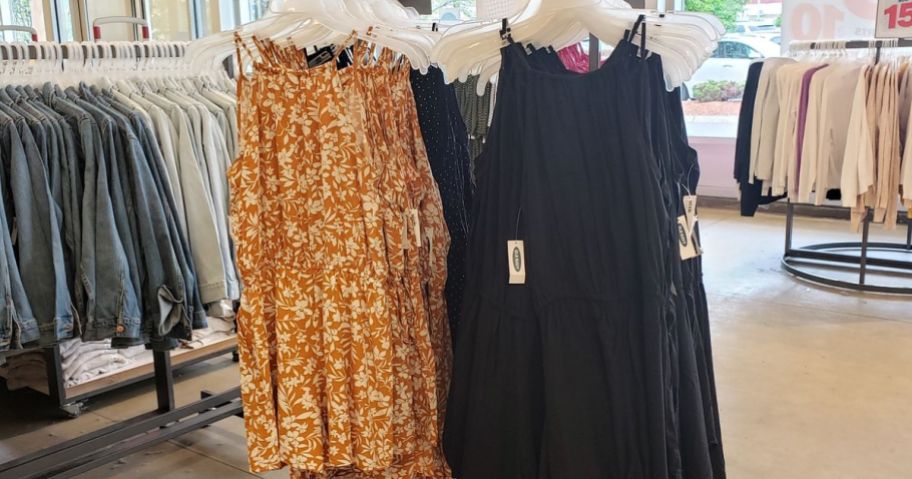 Racks of short women's dresses at Old Navy