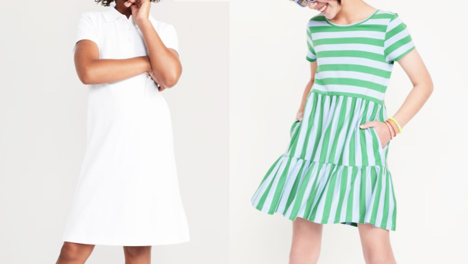 girl in white uniform dress and girl in white/green striped dress