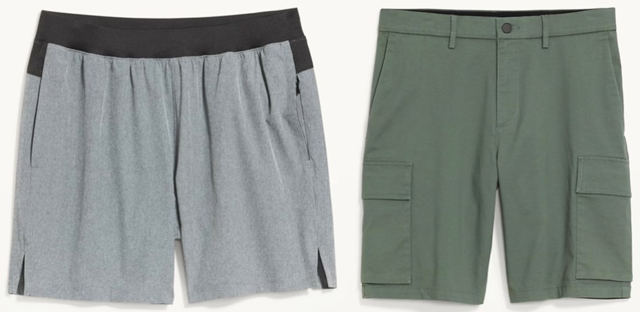 grey and green pairs of shorts