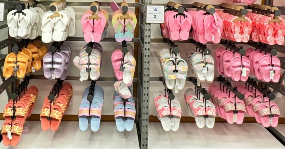 A wall of girls shoes on display at Old Navy