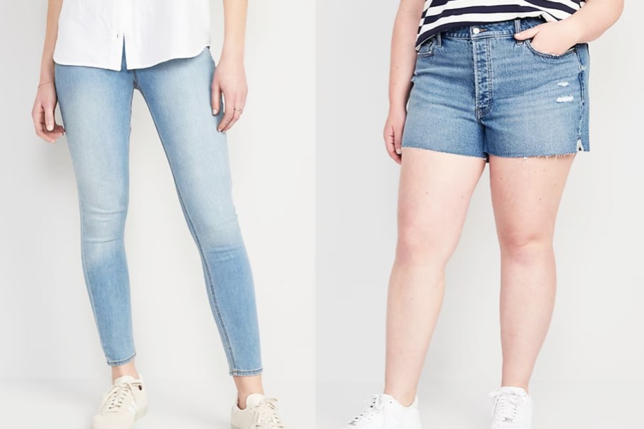 women in light wash jeans and denim shorts