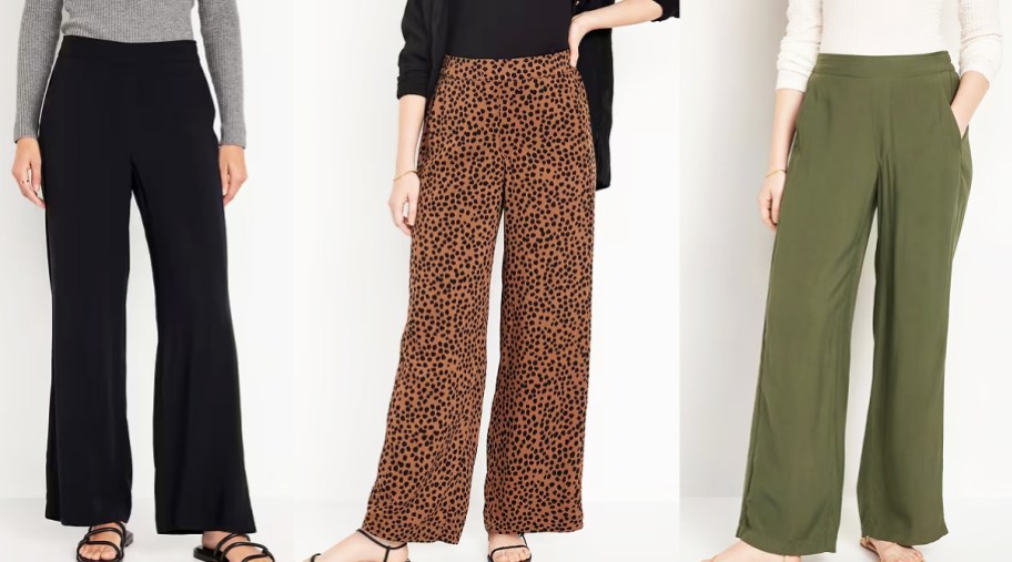 women in black, brown spotted, and green pants