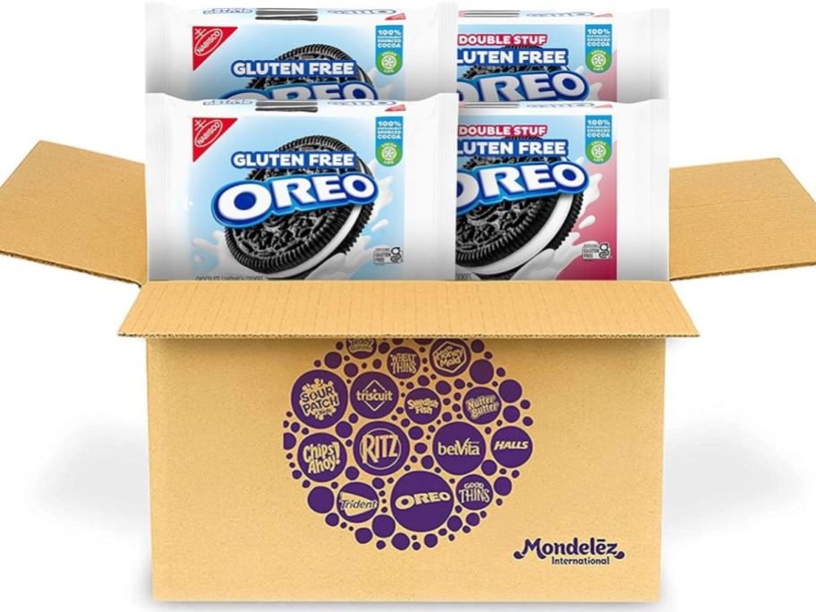 Stock image of a Oreo Gluten Free cokies 4 pack in a cardboard shipping box