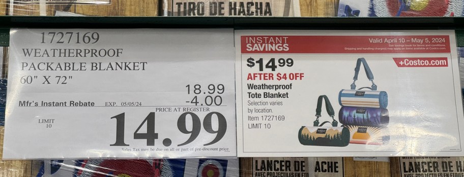 Original Weatherproof Outdoor Picnic Blankets sale sign at costco