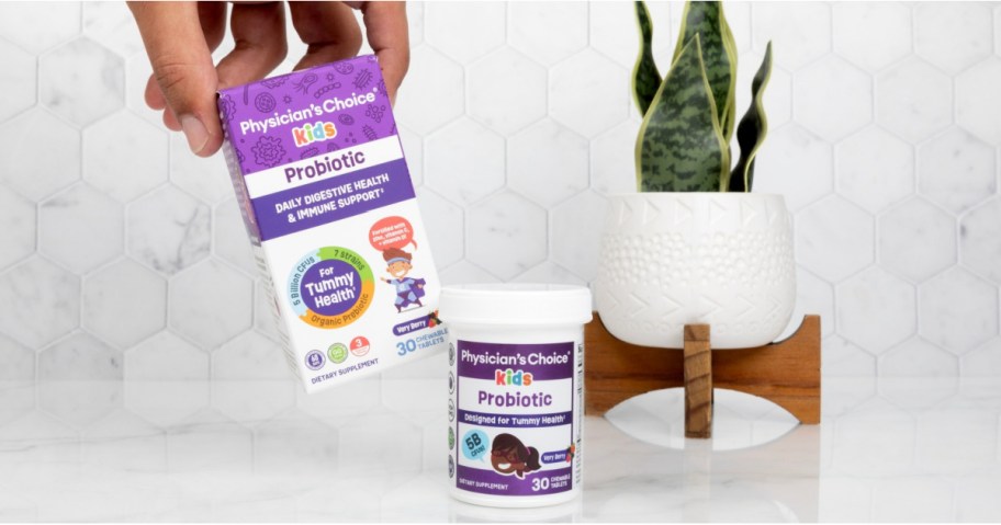 box and bottle of Physician's Choice Probiotics for Kids sitting on counter