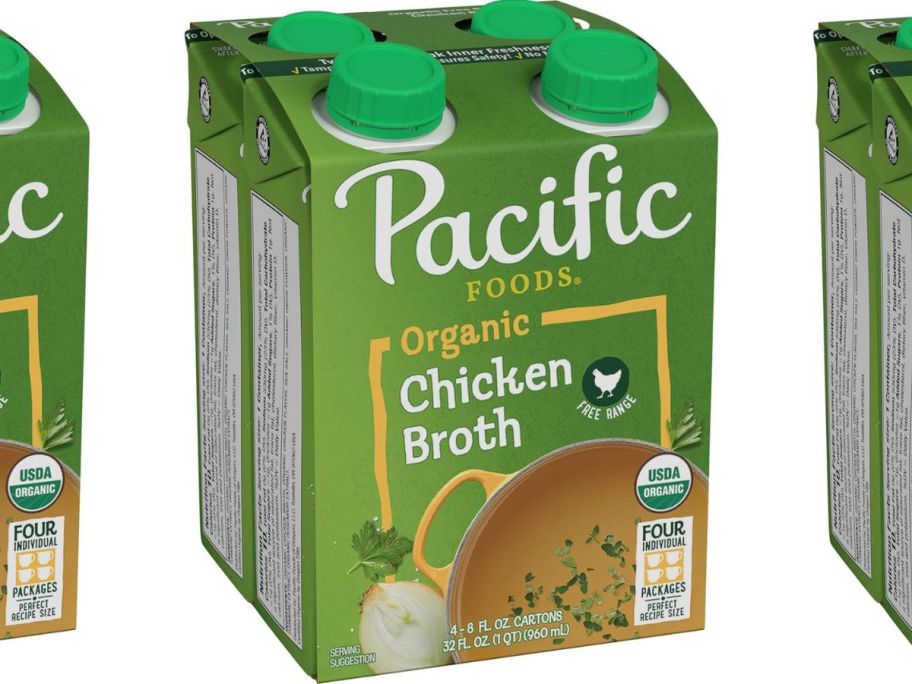 Stock image of a 4-pack of cartons of Pacific Foods Chicken Broth