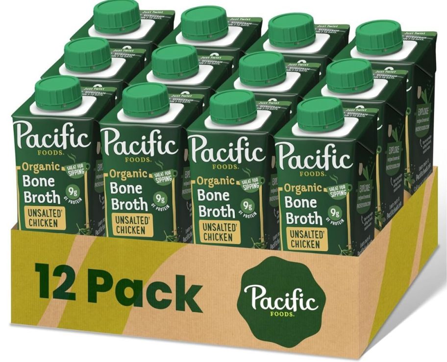 A 12-pack of cartons of Pacific Foods Bone Broth