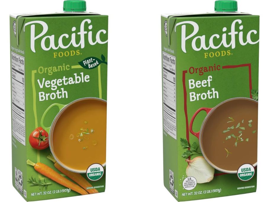 Stock images of cartons of Pacific Foods Vegetable and Beef Broth