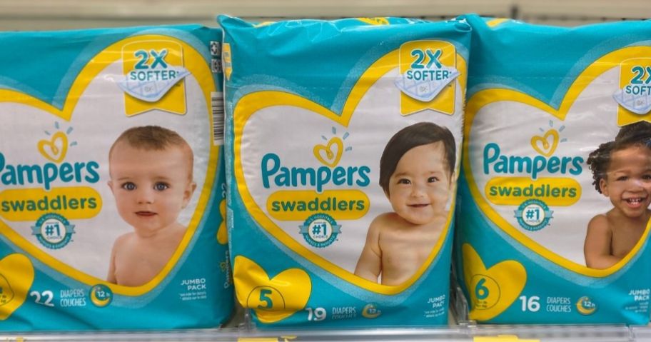 Pampers Swaddlers Diapers on a store shelf