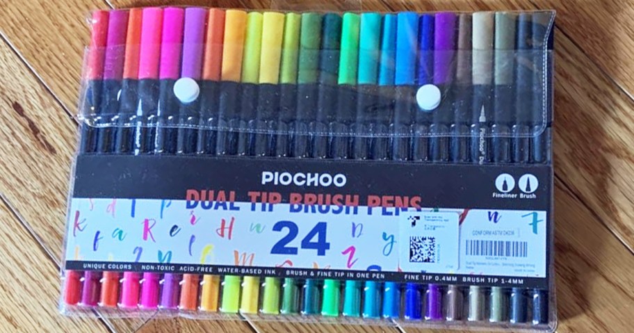 set of colorful dual-tip markers in a clear case