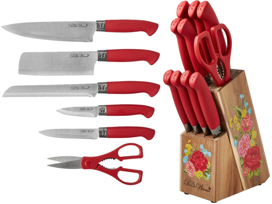 set of kitchen knives with red handles and those same knives inside a floral print wood block