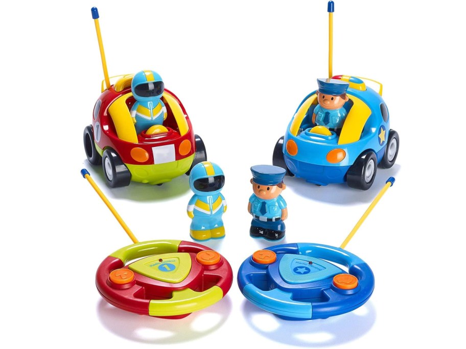 red, blue and yellow Prextex Remote Control Cars with police man and race car driver figurines and controllers