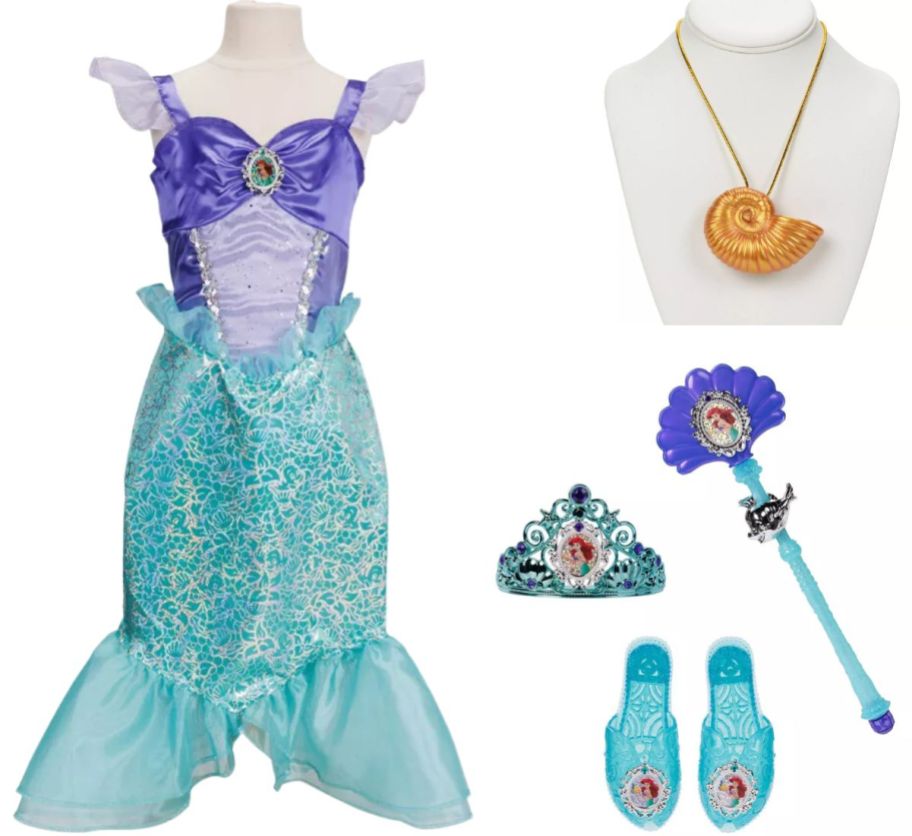 disney princess ariel dress, accessory set and seashell necklace costume for little girls