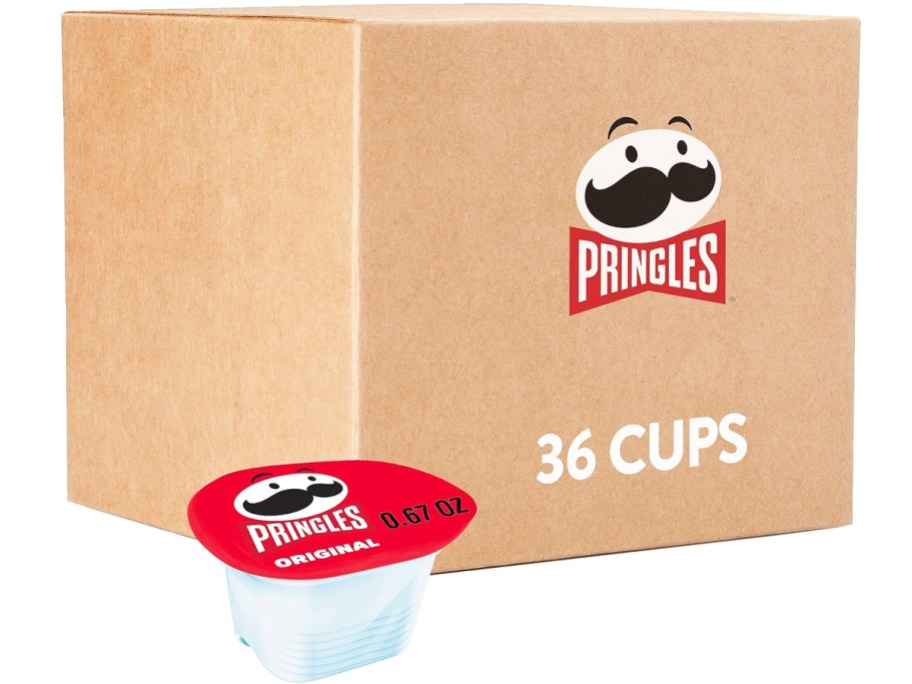 cardboard box with mini pack of pringles in front of it